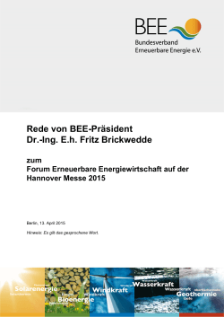 BEE-Präsident Brickwedde auf der Hannover Messe 2015 Rede von