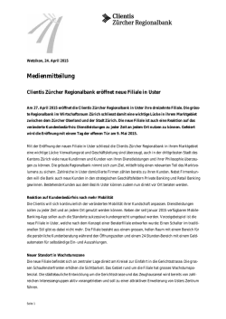 Medienmitteilung - Clientis Z&uuml;rcher Regionalbank