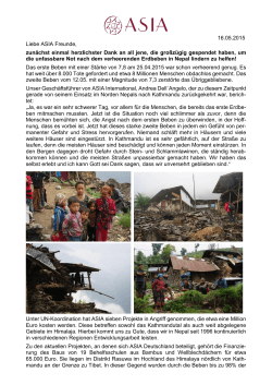 Update ASIA-Erdbebenhilfe Nepal