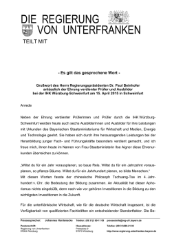 Ehrung verdienter Pr&uuml;fer und Ausbilder bei der IHK W&uuml;rzburg