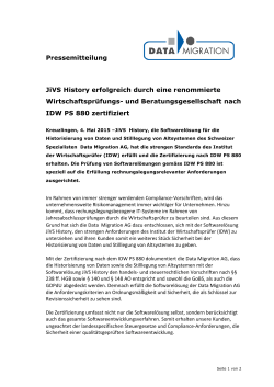 Pressemitteilung JiVS History erfolgreich durch eine renommierte