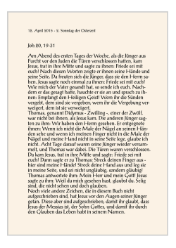 Joh 20, 19-31 Am Abend des ersten Tages der Woche, als die