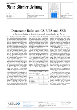 Dominante Rolle von CS, UBS und ZKB