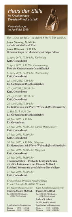 Haus der Stille - Veranstaltungen April bis Mai 2015