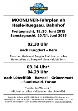 MOONLINER-Fahrplan ab Hasle-Rüegsau, Bahnhof 02.30 Uhr