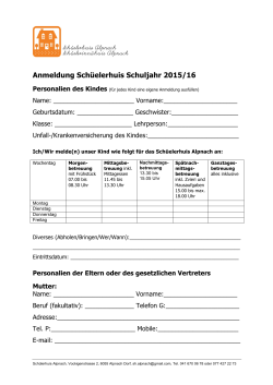 Anmeldung Schüelerhuis Schuljahr 2015/16