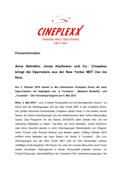 Cineplexx bringt die Opernstars aus der New Yorker MET live ins Kino