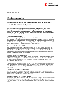 Quartalsabschluss der Glarner Kantonalbank per 31. März 2015