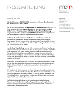 Leipzig, 5. Juni 2015 Martin Riemann erhält MDM Förderpreis im