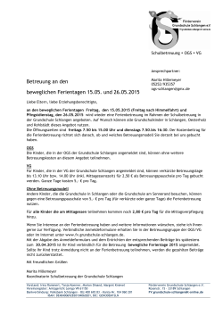Betreuung an den beweglichen Ferientagen 15.05. und 26.05.2015