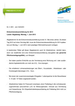 Einkommensteuererkl&auml;rung f&uuml;r 2014 Letzter Abgabetag: Montag, 1