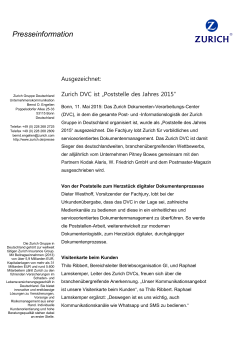 Zurich DVC ist `Poststelle des Jahres 2015`