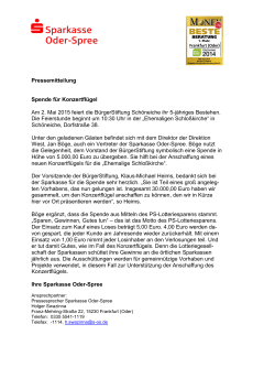 Pressemitteilung Spende für Konzertflügel Am 2. Mai 2015 feiert die