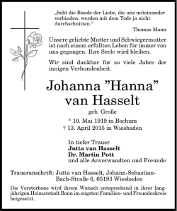 Johanna &rdquo;Hanna&rdquo; van Hasselt