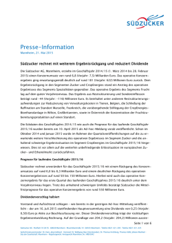 Südzucker rechnet mit weiterem Ergebnisrückgang und reduziert