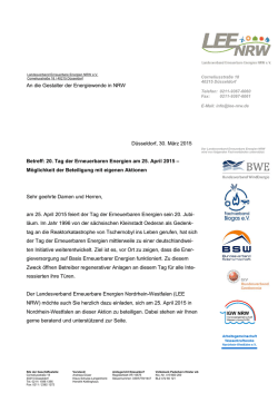 D&uuml;sseldorf, 30. M&auml;rz 2015 Betreff: 20. Tag der Erneuerbaren