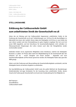 Erklärung der Cottbusverkehr GmbH zum unbefristeten Streik der