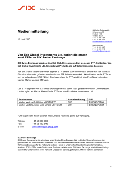 Van Eck Global Investments Ltd. kotiert die ersten zwei ETFs an SIX