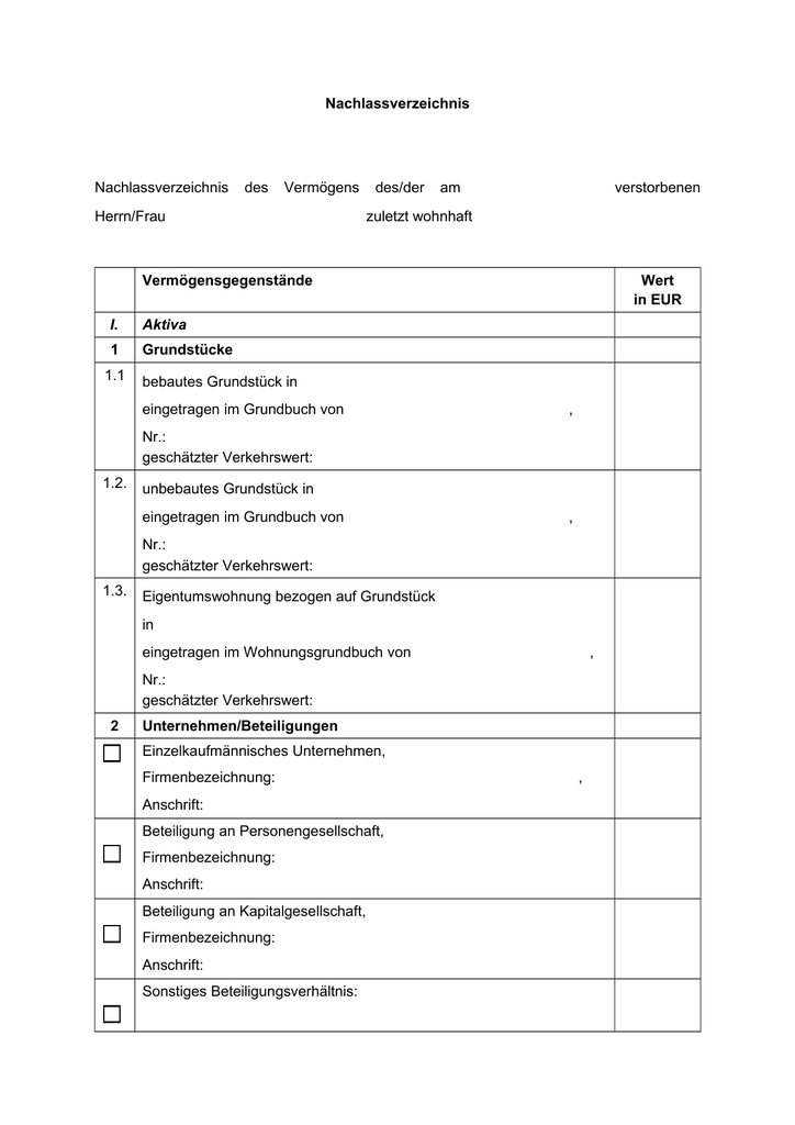 Muster Nachlassverzeichnis