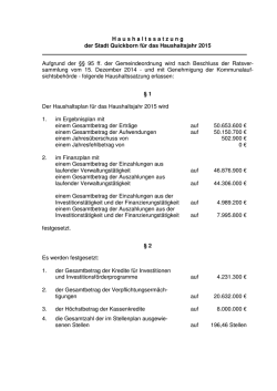 H aushaltssatzung der Stadt Quickborn f&uuml;r das Haushaltsjahr 2015