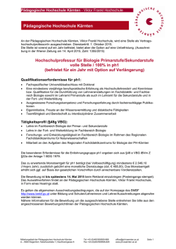 Hochschulprofessur f&uuml;r Biologie Primarstufe/Sekundarstufe volle