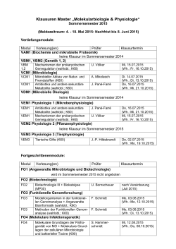 Prüfungstermine MSc Molekularbiologie & Physiologie, 2. Semester