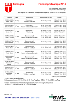 Eine tabellarische &Uuml;bersicht der Feriencamps 2015