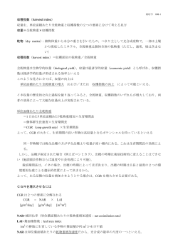 収穫指数（harvest index） 収量を、単位面積あたり全乾物重と収穫指数