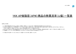 YKK AP樹脂窓（APW）商品の熱貫流率（U値）一覧表