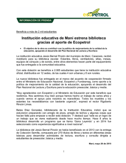 Instituci&oacute;n educativa de Man&iacute; estrena biblioteca gracias al