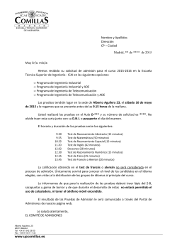 Carta Genérica de Convocatoria a Pruebas de Admisión 2015