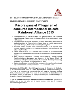 Pácora alcanza el 4º lugar en el concurso internacional de café