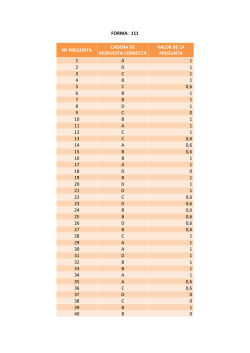 forma: 111 nº pregunta cadena de respuesta correcta valor de