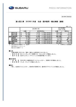 富士重工業 2015年11月度 生産・国内販売・輸出実績（速報）