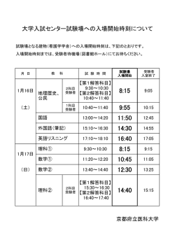 各試験時間の入場開始時刻表