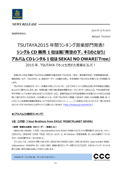 TSUTAYA2015年間ランキング音楽部門発表! シングルCD販売1位は嵐