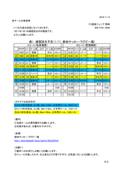 表1 練習試合予定（1/17、菊地サッカー・ラグビー場）
