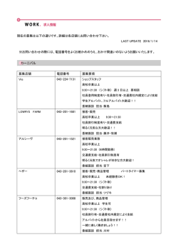 現在の募集は以下の通りです。詳細は各店舗にお問い合わせ下さい