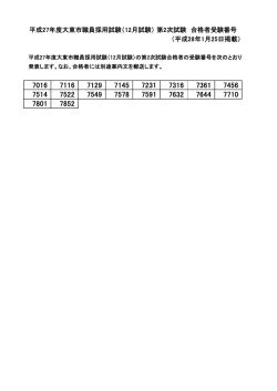 平成27年度大東市職員採用試験（12月試験） 第2次試験 合格者受験番