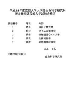博士後期課程編入学試験合格者 平成28年度京都大学大学院生命科学