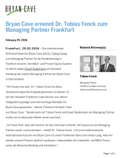 Bryan Cave ernennt Dr. Tobias Fenck zum Managing Partner Frankfurt