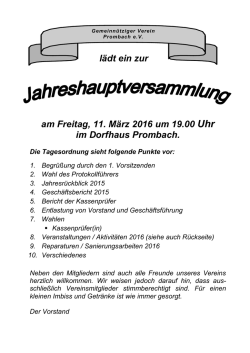 Jahreshauptversammlung am 11.03.2016, 19.00 Uhr