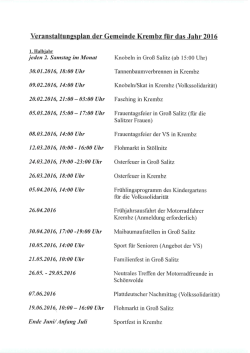 Veranstaltungsplan der Gemeinde Krembz für das Jahr 2016