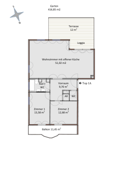 Wohnzimmer mit offener Küche 51,02 m2 Zimmer 1 15