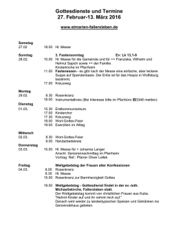 Gottesdienste und Termine 27. Februar-13. M&auml;rz 2016