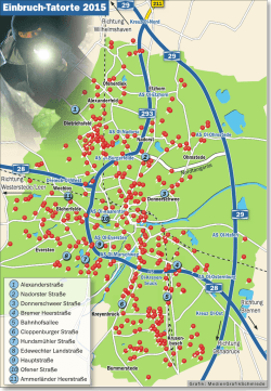 Grafik: Einbruch-Tatorte 2015 in Oldenburg
