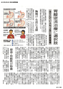 胃から食道に胃酸が逆流し、 胸焼けなどの症状が出 る胃食道逆流症