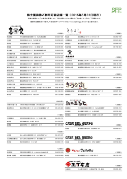 株主優待券ご利用可能店舗一覧（2015年5月31日現在）