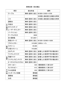 貸出料金 備考 テーブル 無料（室料に含む） W1800&times;D450&times;H700