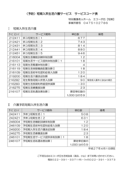 （予防）短期入所生活介護サービス サービスコード表 Ⅰ 短期入所生活